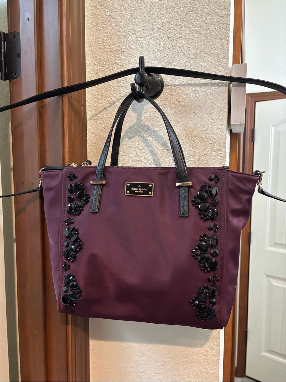 kate spade plum tote with black jeweled accents